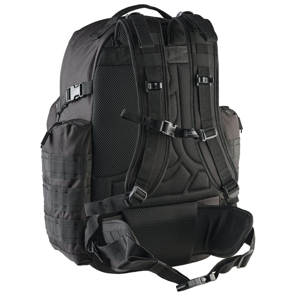 Black tactical backpack harness on a white background