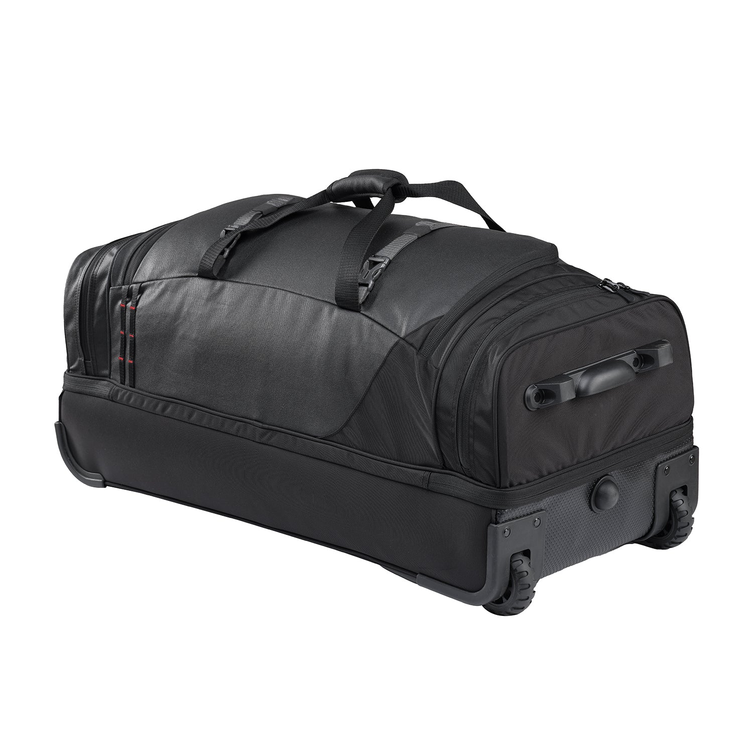 A black Caribee Scarecrow rolling duffel bag with a top carry handle, telescoping wheels, and a zippered compartment, shown on a plain white background.