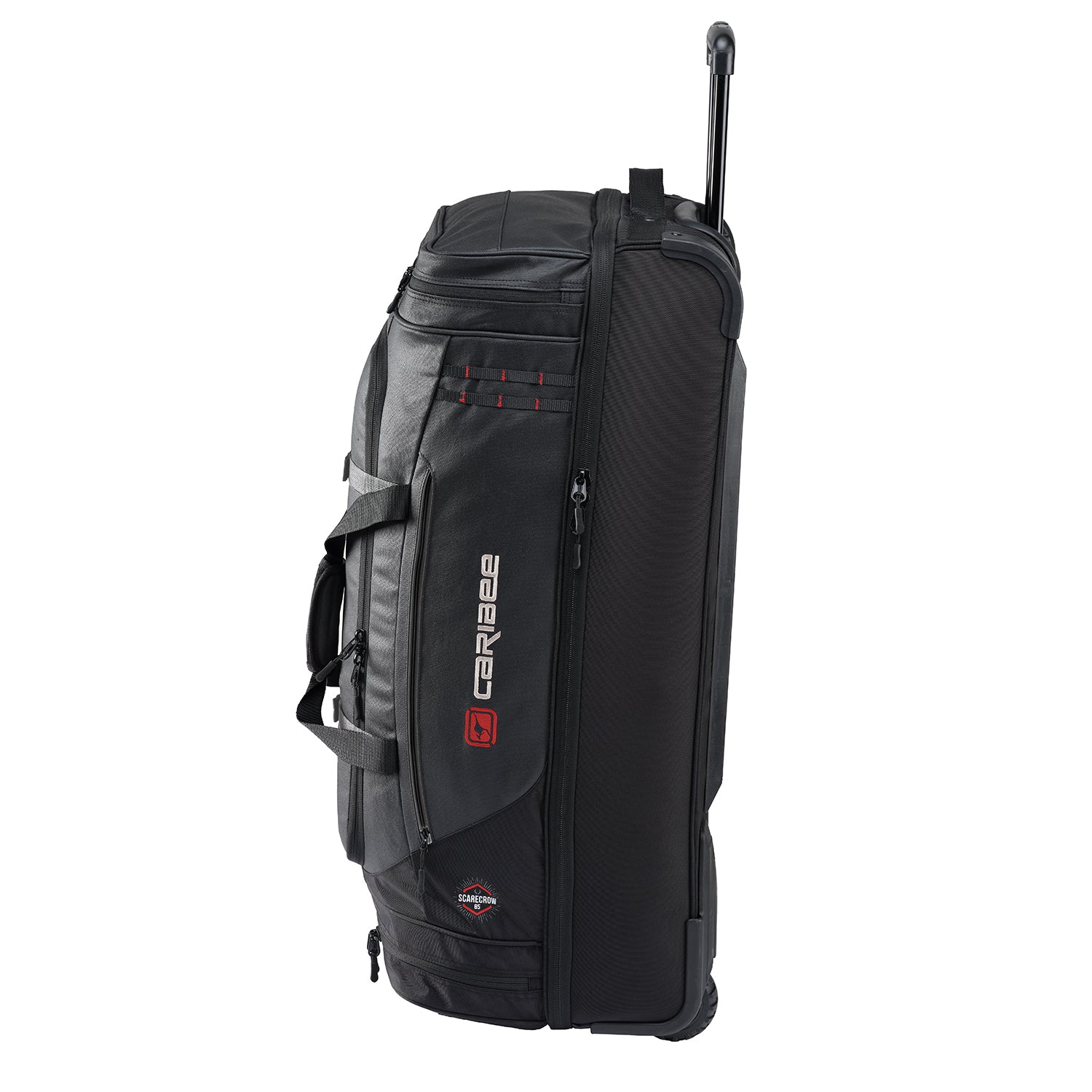 A black Caribee Scarecrow rolling travel bag with an extended telescoping handle, shown from a side view against a solid white background.