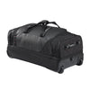 A black rolling duffel bag with a top carry handle, telescoping wheels, and a zippered compartment, shown on a plain white background.