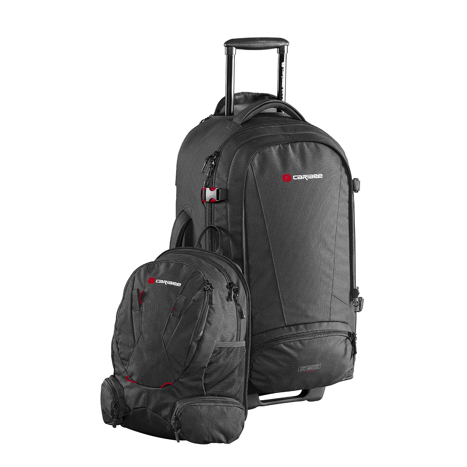Caribee Sky Master 70L III wheel travel backpack with zip off daypack