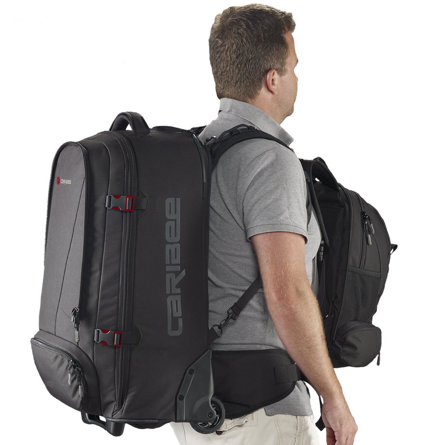 Caribee Sky Master 80L III wheel travel backpack with daypack attached to main harness
