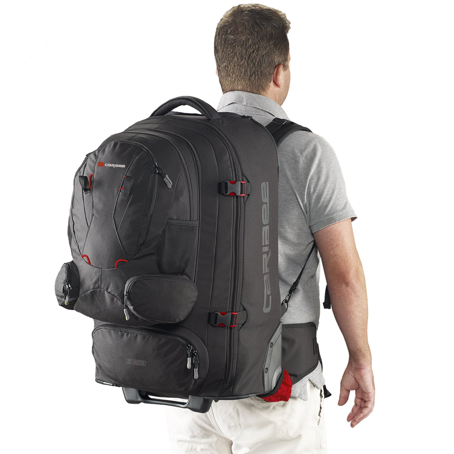 Caribee Sky Master 80L III wheel travel backpack with harness in use