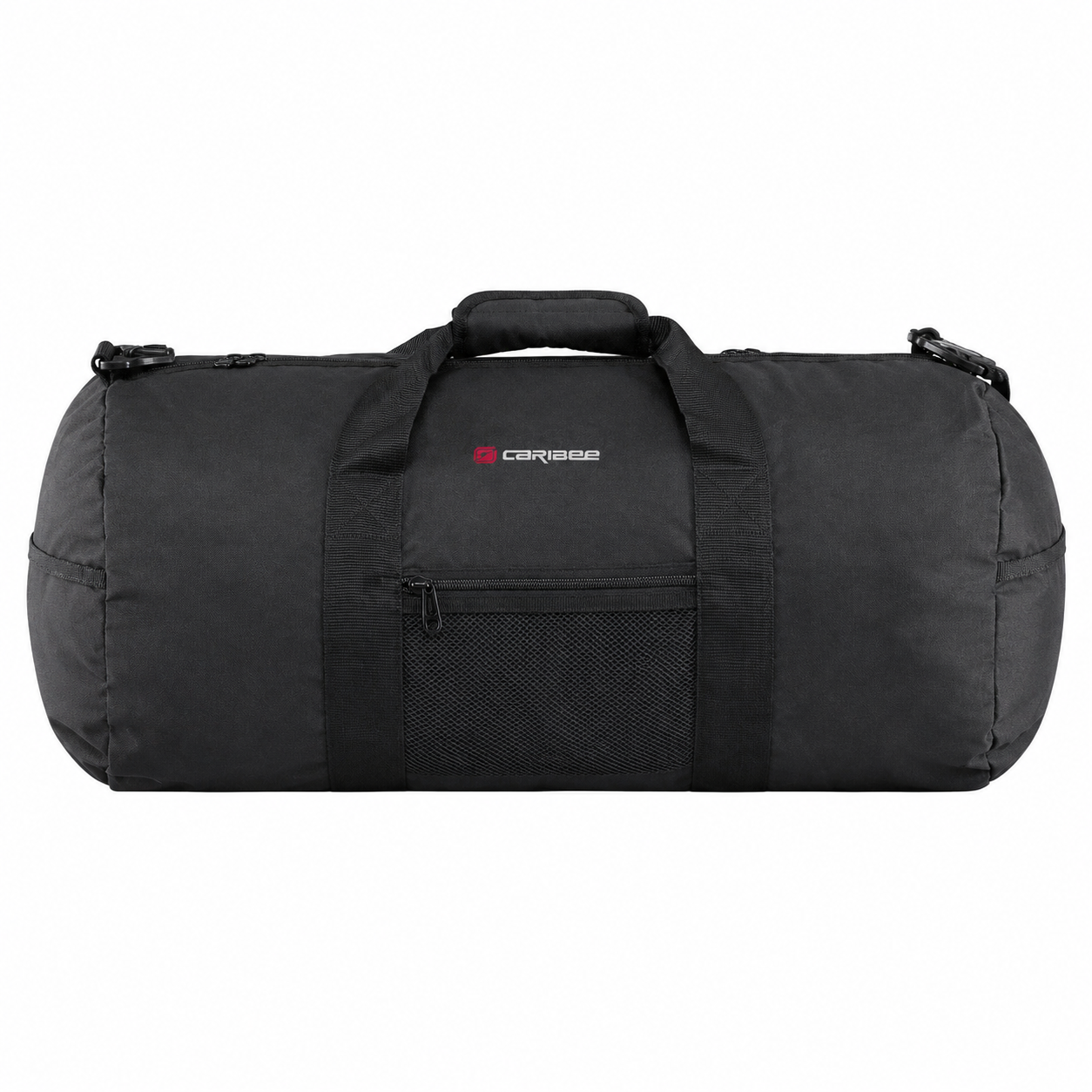 Black duffel bag with Caribee logo on a white background