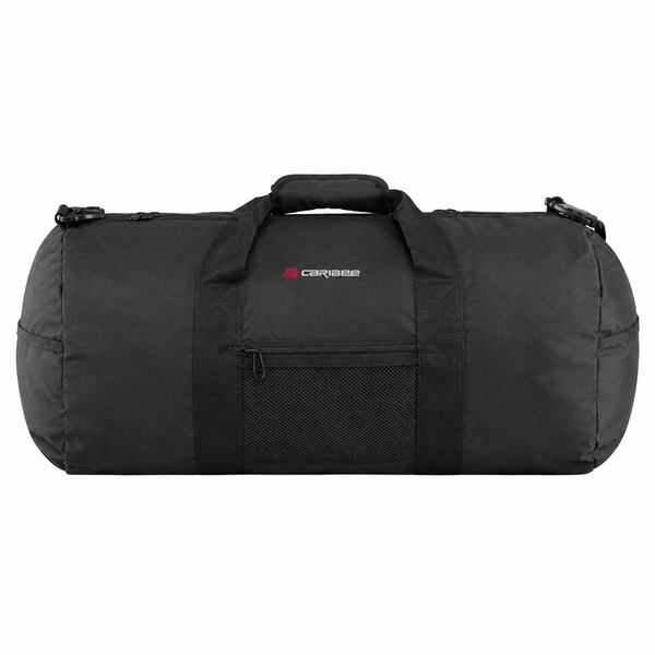 Black duffel bag with Caribee logo on a white background