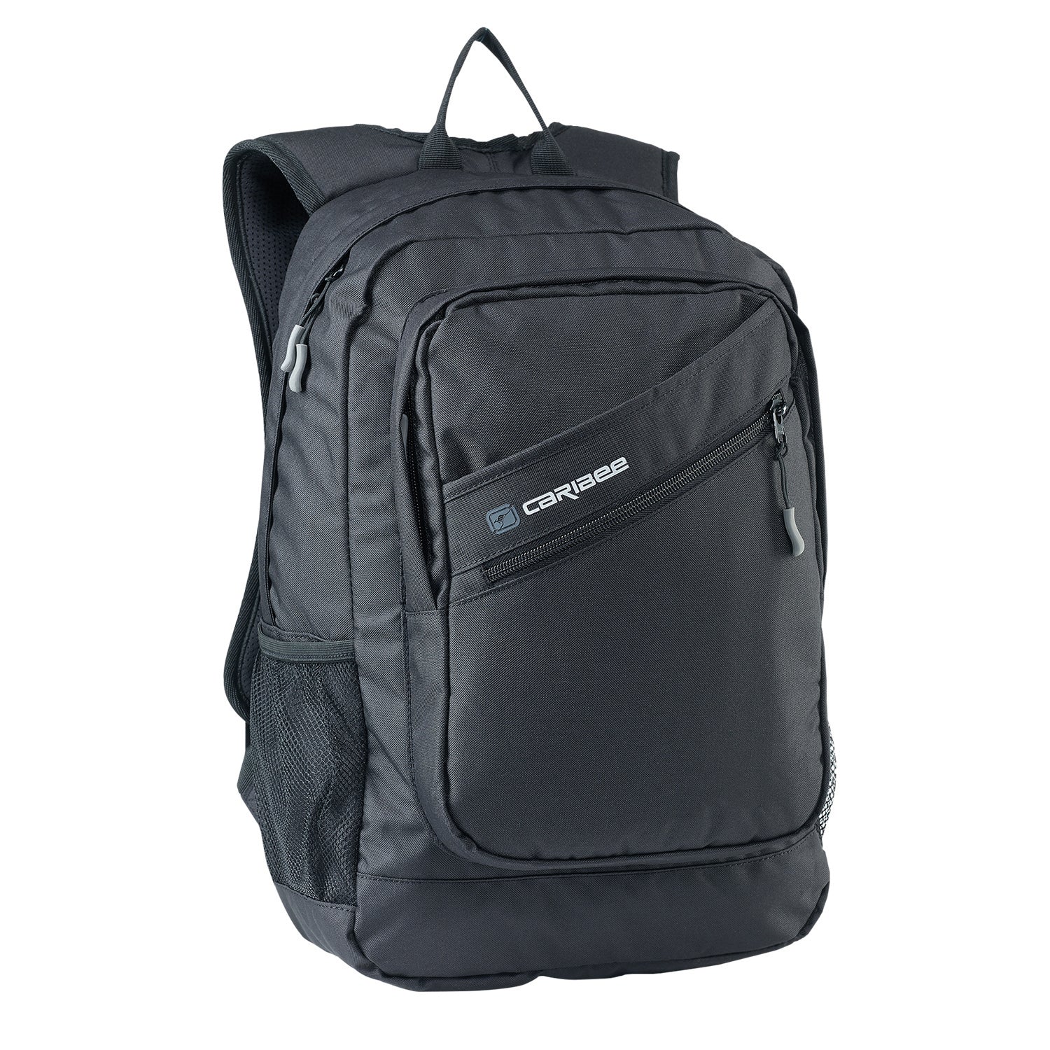 A black Caribee Yuma backpack with multiple zippered compartments and a side mesh pocket, shown on a plain white background.
