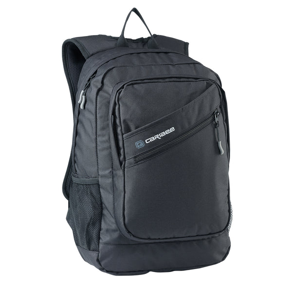 A black Caribee Yuma backpack with multiple zippered compartments and a side mesh pocket, shown on a plain white background.