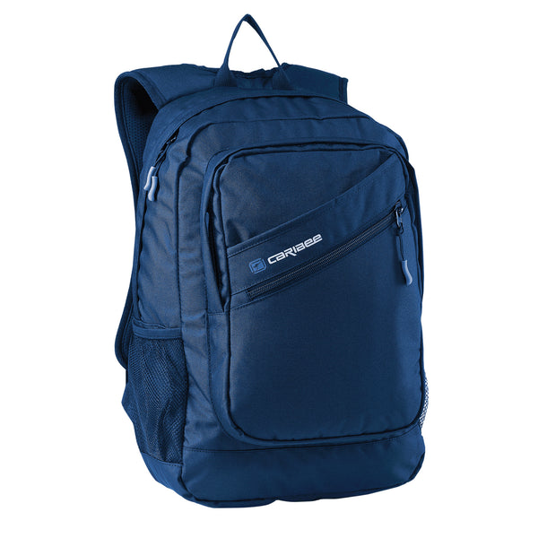 A Navy Caribee Yuma backpack with multiple zippered compartments and a side mesh pocket, shown on a plain white background.