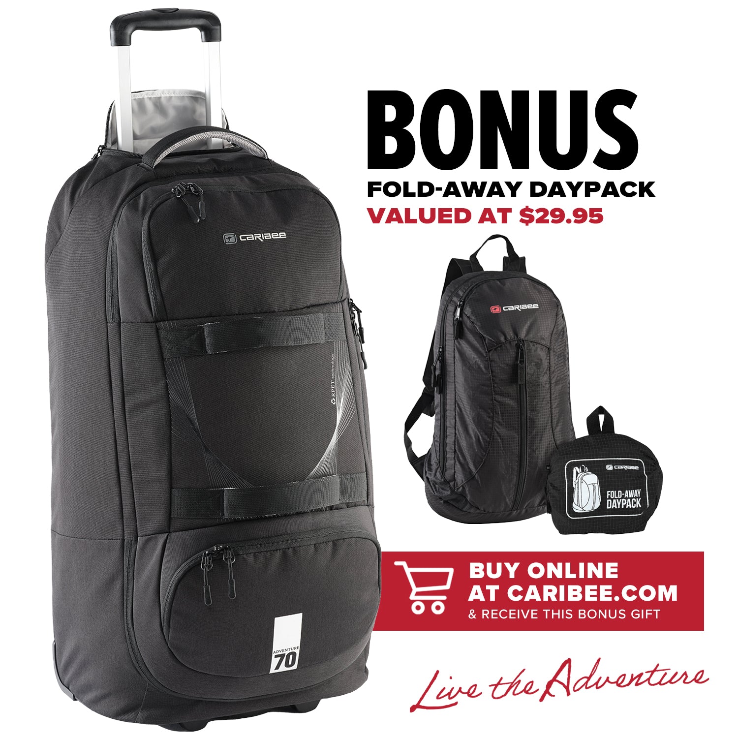 Caribee Adventure 70L hybrid wheeled travel backpack with bonus Caribee Fold Away Travel Daypack valued at $29.95