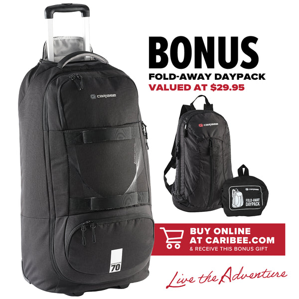 Caribee Adventure 70L hybrid wheeled travel backpack with bonus Caribee Fold Away Travel Daypack valued at $29.95
