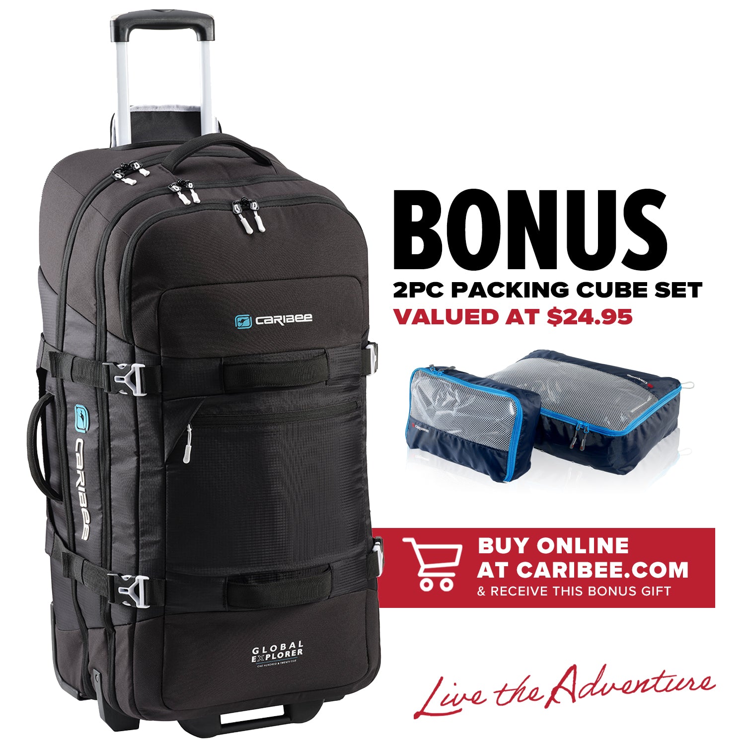 Caribee Global Explorer V2 125L wheel travel luggage with bonus 2pc packing cube set valued at $24.95