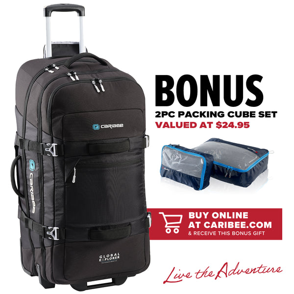 Caribee Global Explorer V2 125L wheel travel luggage with bonus 2pc packing cube set valued at $24.95