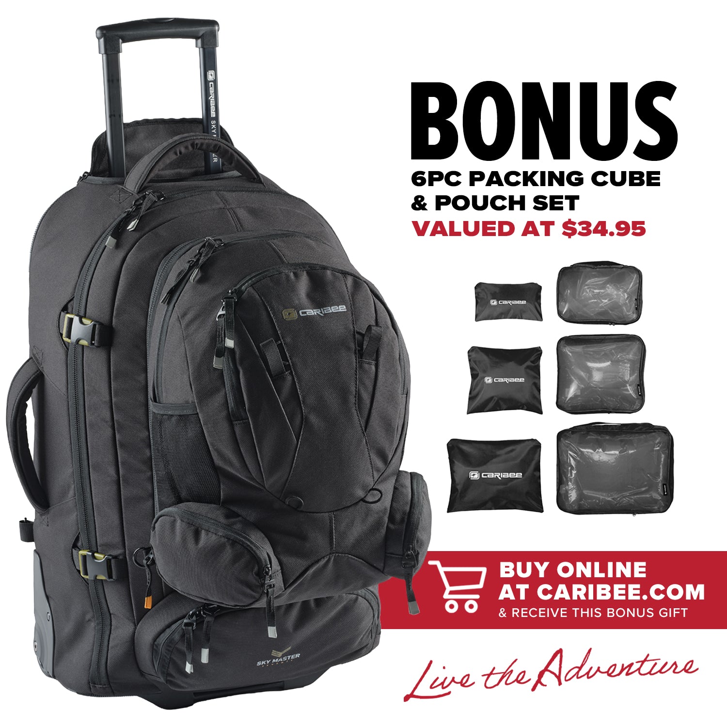 Caribee Sky Master 70L IV hybrid wheeled travel pack with bonus 6pc packing cube and travel pouch set valued at $34.95