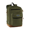 Caribee Big Pack 35L backpack in Olive Green, front view with multiple zip pockets and suede base
