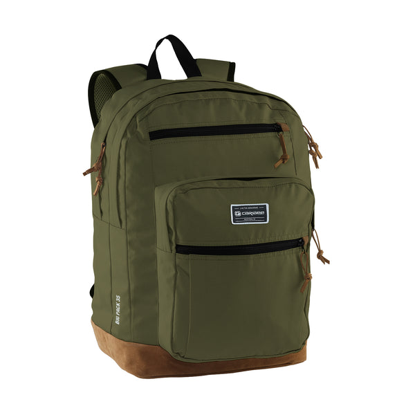 Caribee Big Pack 35L backpack in Olive Green, front view with multiple zip pockets and suede base