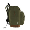 Caribee Big Pack 35L backpack in Olive Green, side view with multiple zip pockets and suede base