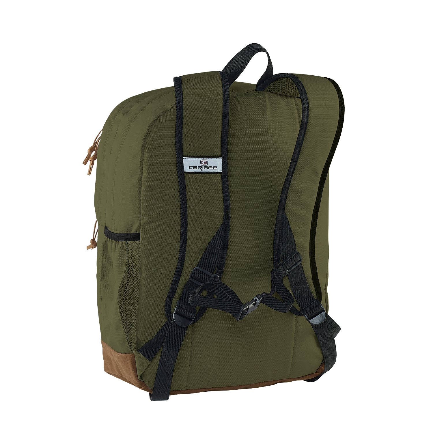 Caribee Big Pack 35L backpack in Olive Green, rear view with shoulder straps and suede base