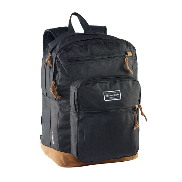 Caribee Big Pack 35L backpack in black, front view with multiple zip pockets and suede base