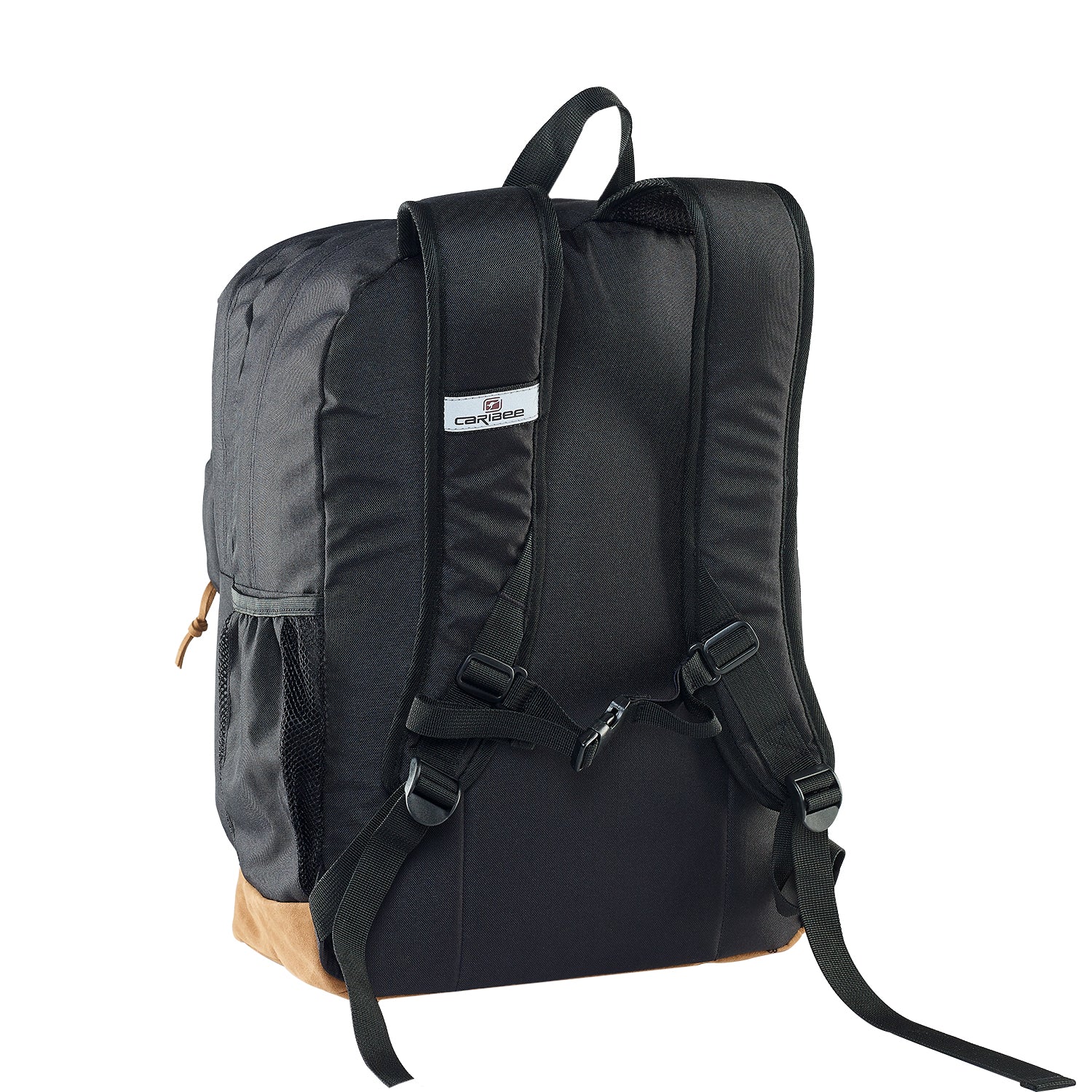 Caribee Big Pack 35L backpack in black, rear view with shoulder straps and suede base