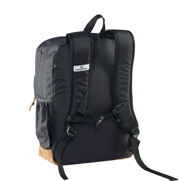 Caribee Big Pack 35L backpack in black, rear view with shoulder straps and suede base