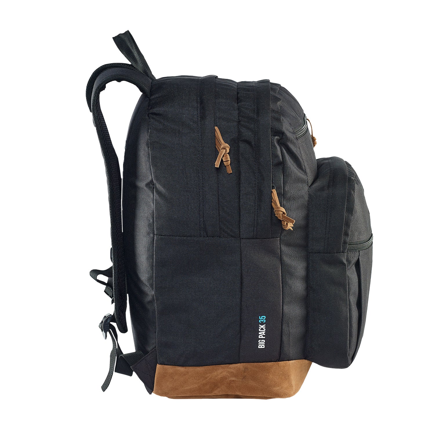 Caribee Big Pack 35L backpack in black, side view with multiple zip pockets and suede base