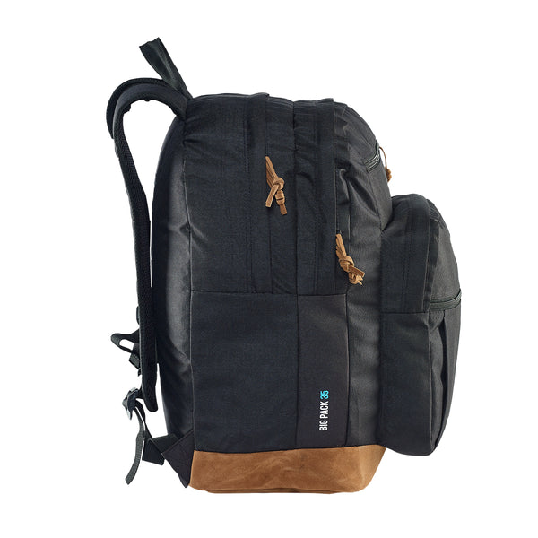 Caribee Big Pack 35L backpack in black, side view with multiple zip pockets and suede base