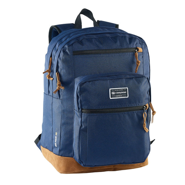 Caribee Big Pack 35L backpack in Navy Blue, front view with multiple zip pockets and suede base