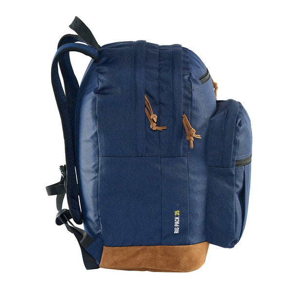 Caribee Big Pack 35L backpack in Navy Blue, side view with multiple zip pockets and suede base