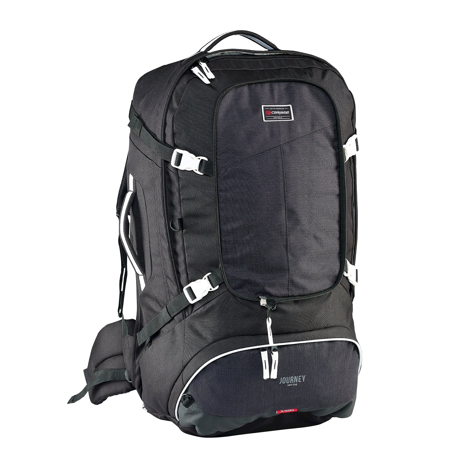Caribee Journey 75L travel pack black front with no daypack